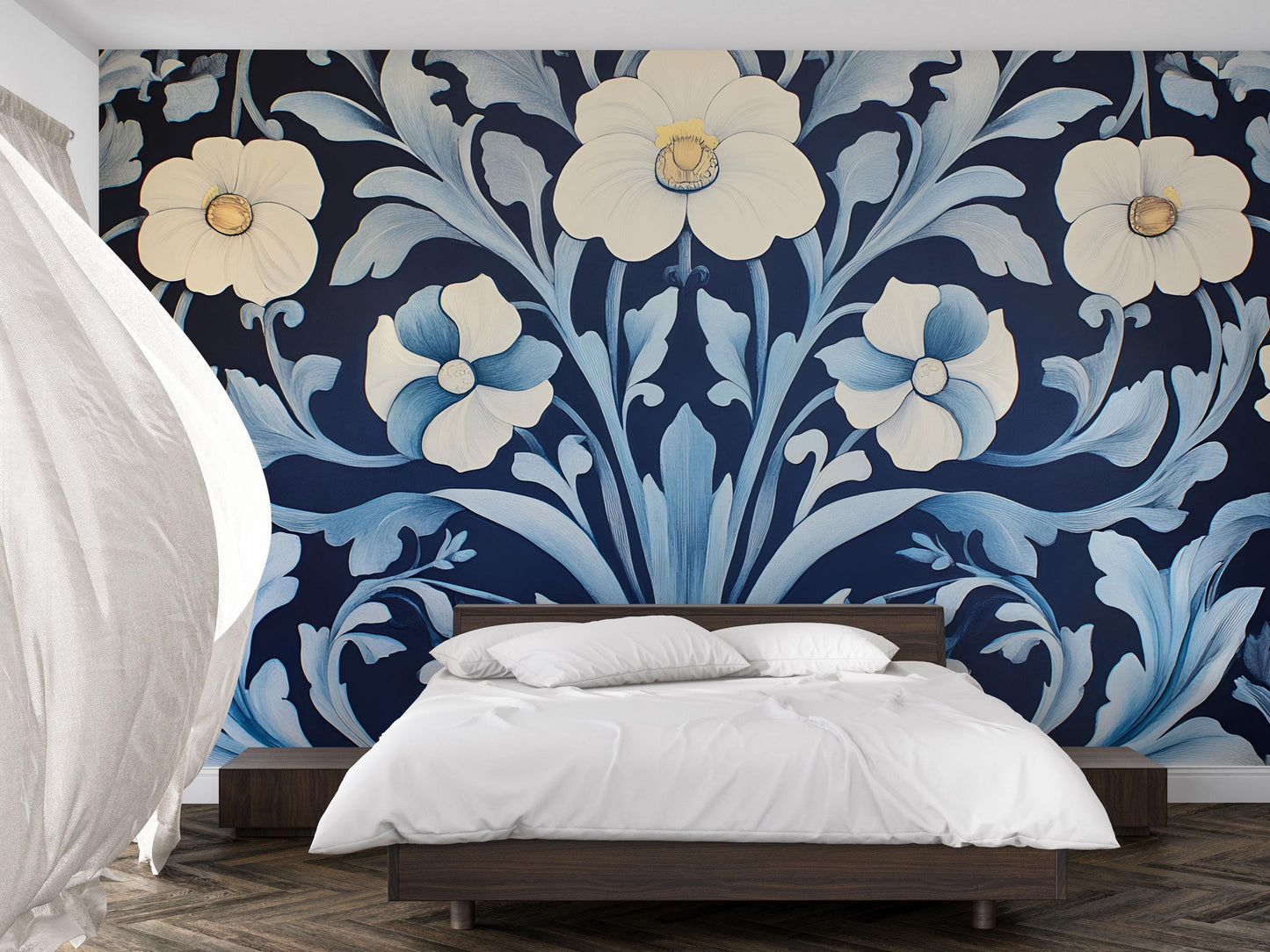 Navy Blue Floral Wall Mural, Large White Flower Wallpaper, Modern Botanical Bedroom Accent Wall Art Vn755