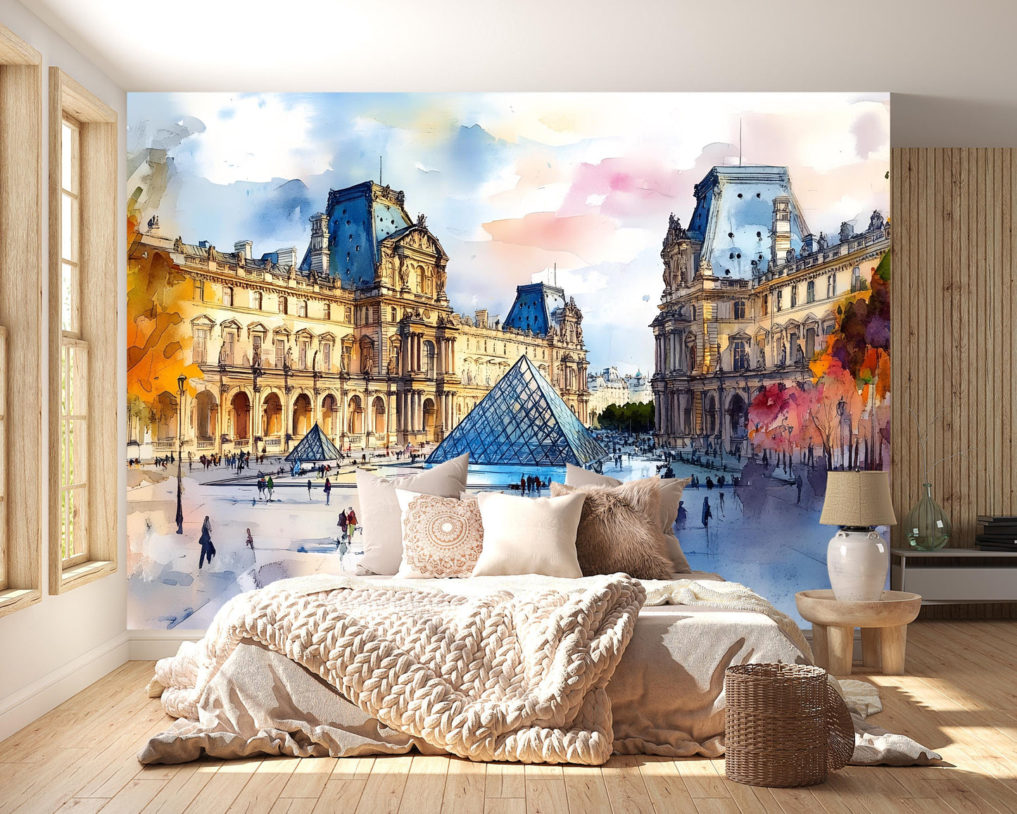 Louvre Paris Watercolor Wall Mural – Pyramid & Museum Wallpaper Vn934