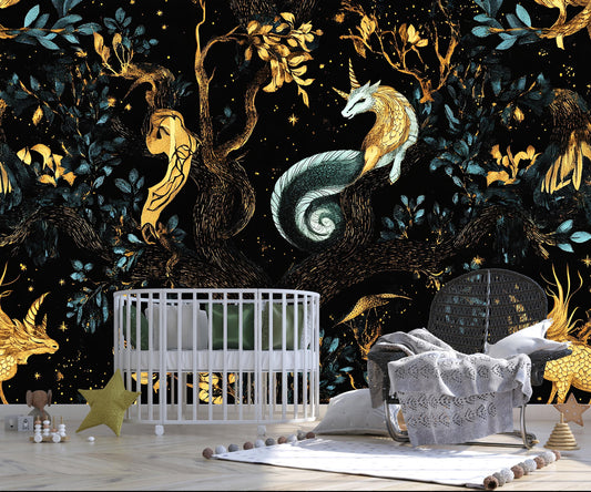Magical Forest Wallpaper Mural for Nursery – Unicorn, Dragon & Fairy Tale Creatures – Dark Fantasy Kids Room Wall Art Vn178