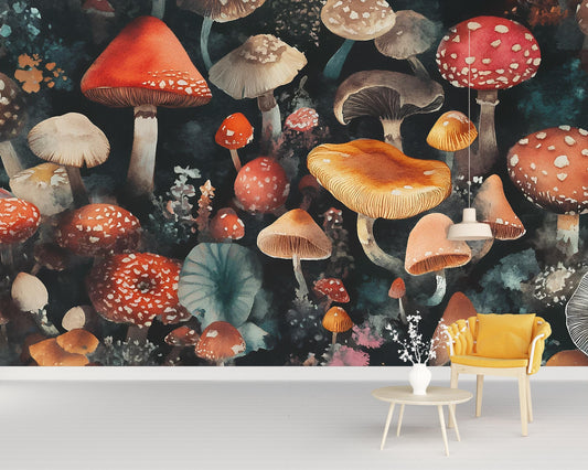 Whimsical Mushroom Forest Wall Mural - Fantasy Botanical Wallpaper for Boho Home Décor, Dark Cottagecore Wall Art Vn215