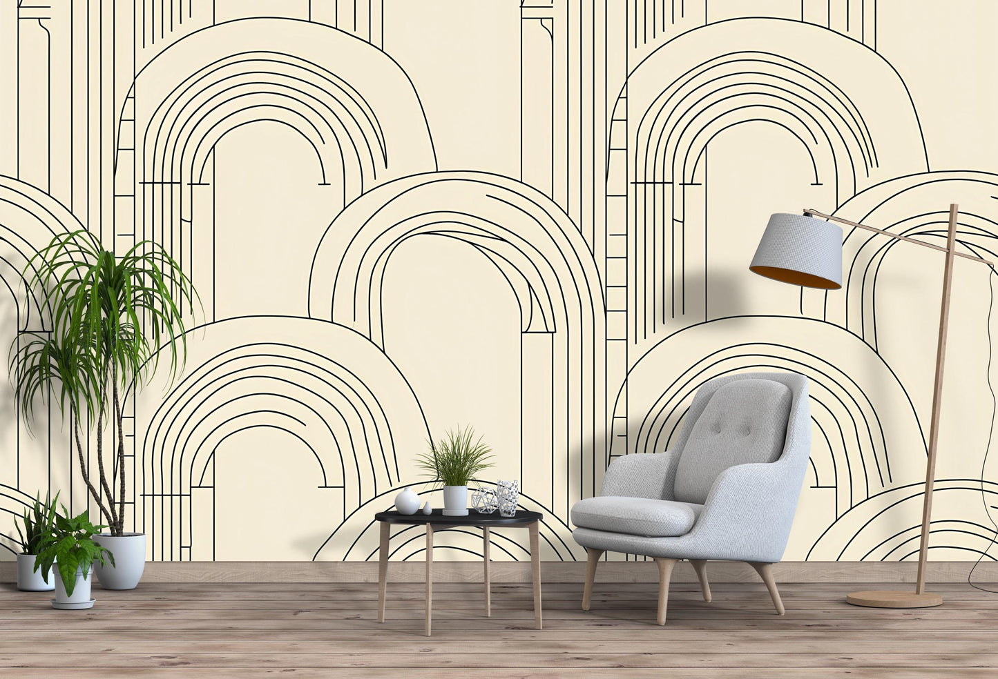 Beige Arch Line Art Wallpaper – Modern Minimalist Geometric Wall Mural Vn1093