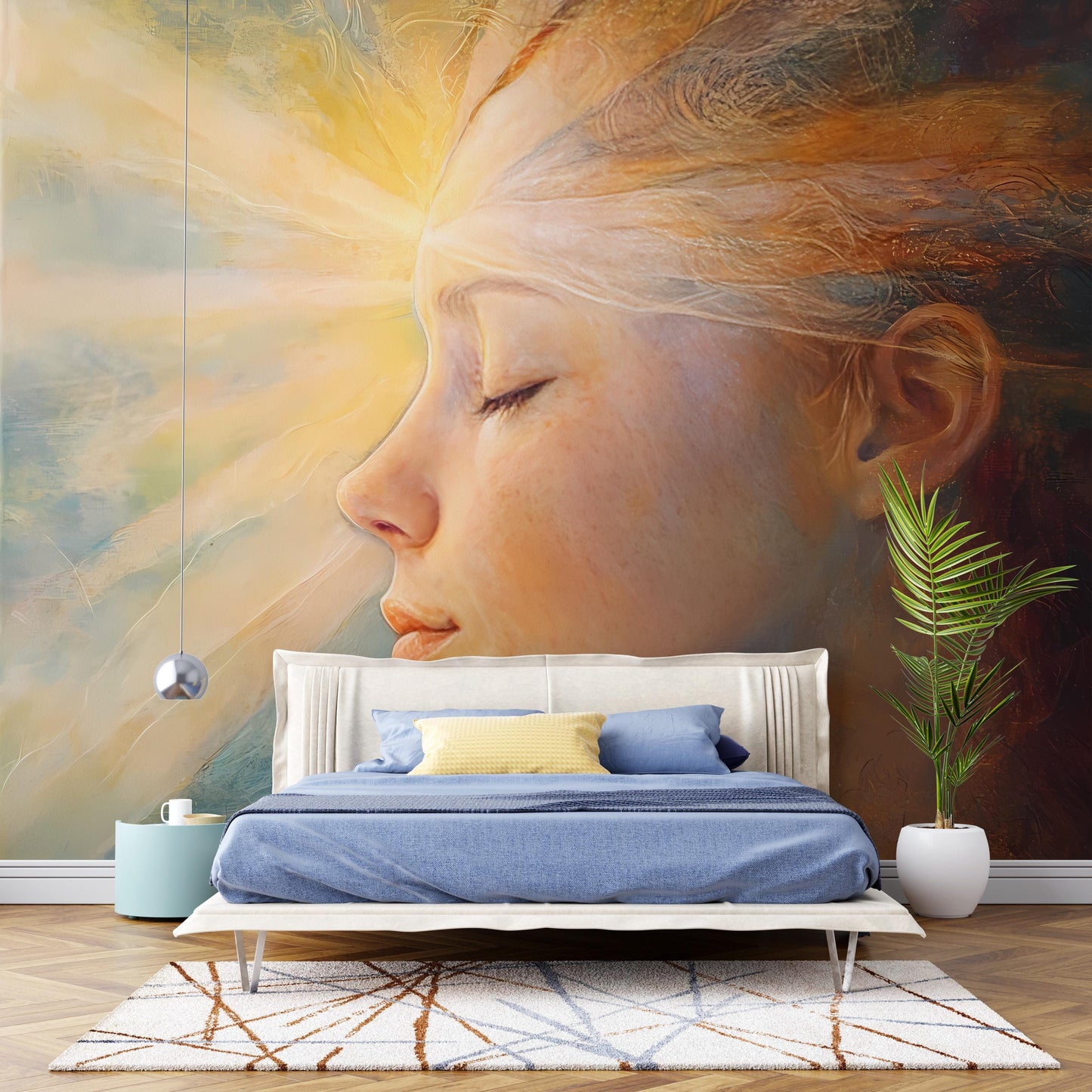 Large Dreamy Wall Mural of Woman’s Face with Radiant Light – Serene Feminine Art for Bedroom, Meditation Room, or Spa Decor Vn101