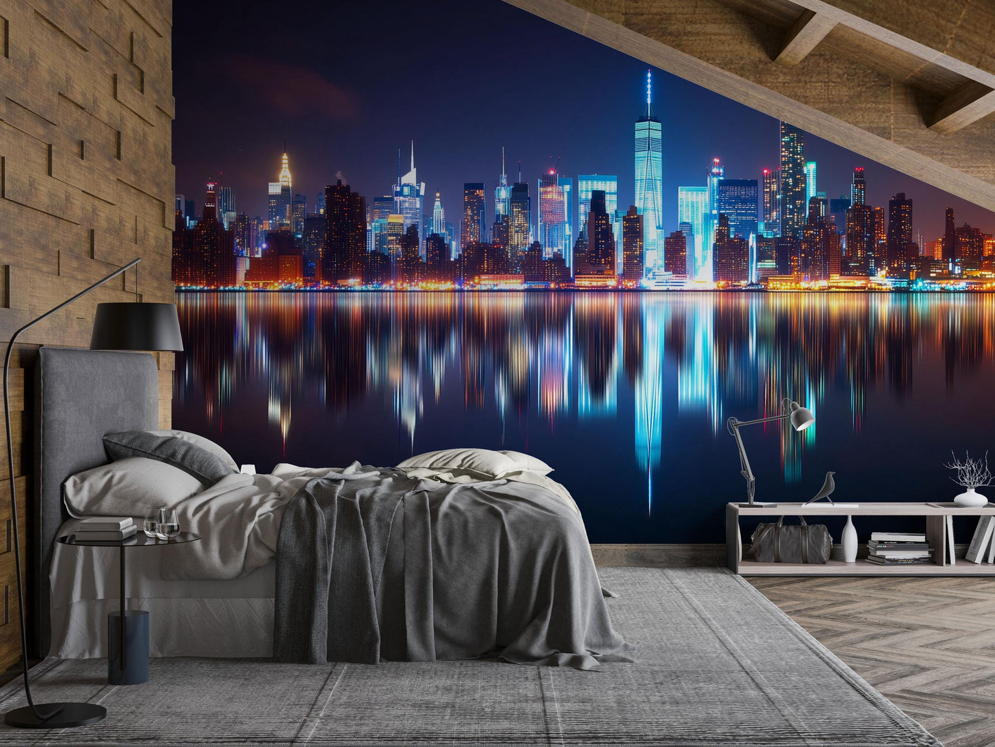 NYC Skyline Wall Mural – Manhattan Night Lights Wallpaper Vn892