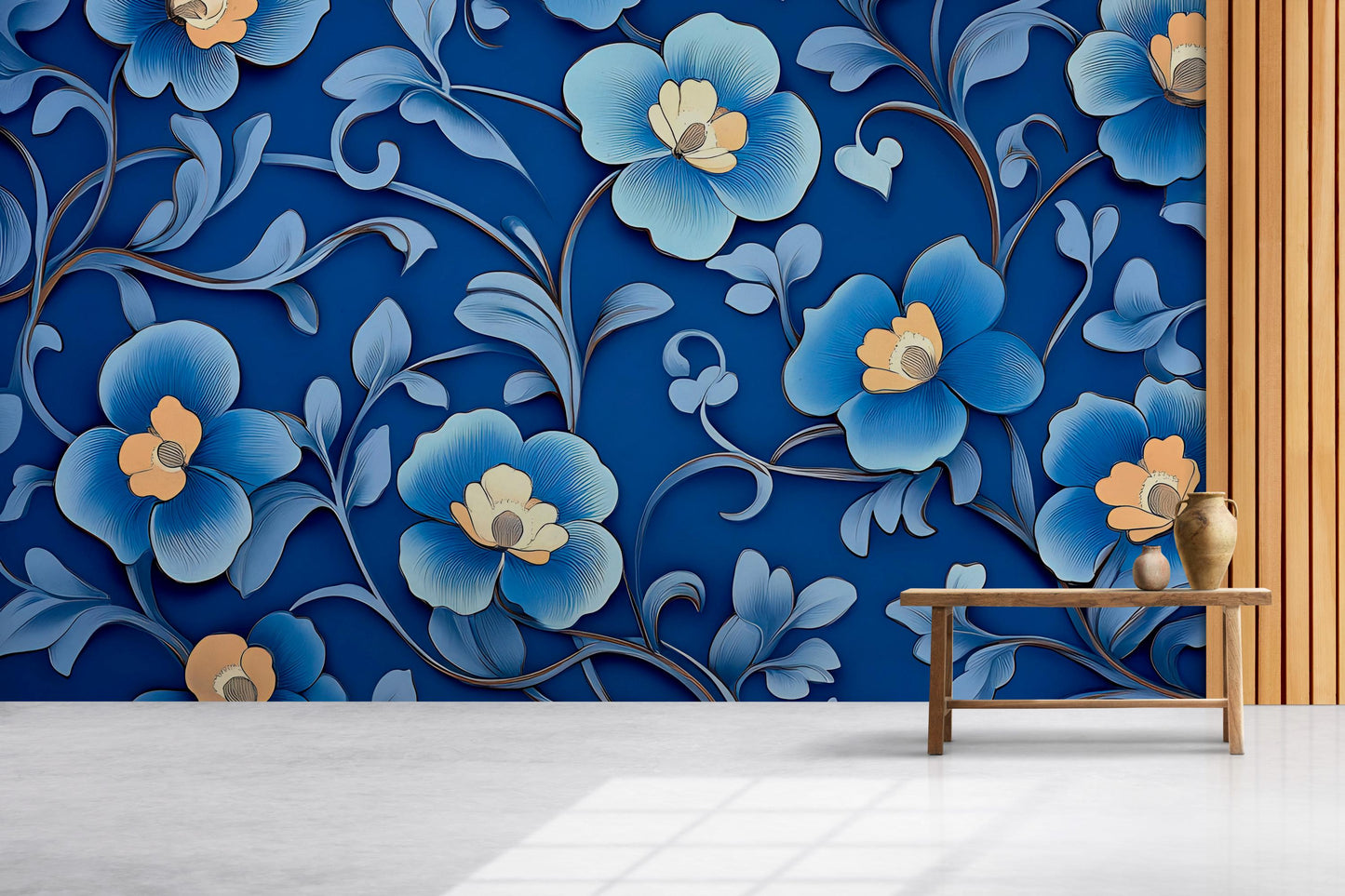 Blue and Yellow Floral Wall Mural – Bold 3D Effect Botanical Wallpaper for Living Room Vn770
