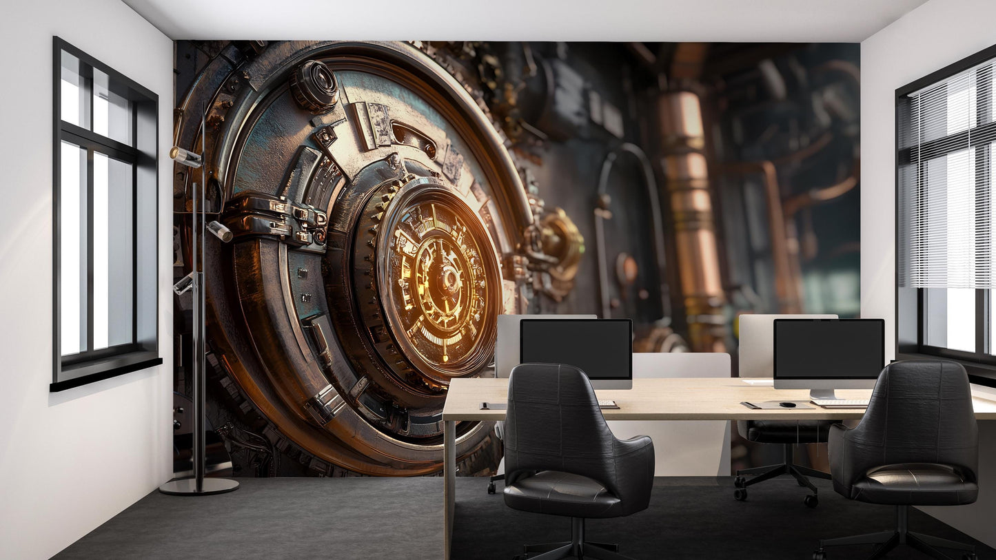 Steampunk Vault Wall Mural – Industrial Office Decor, Futuristic Steampunk Art for Home or Workplace, High-Detail Printable Artwork Vn382