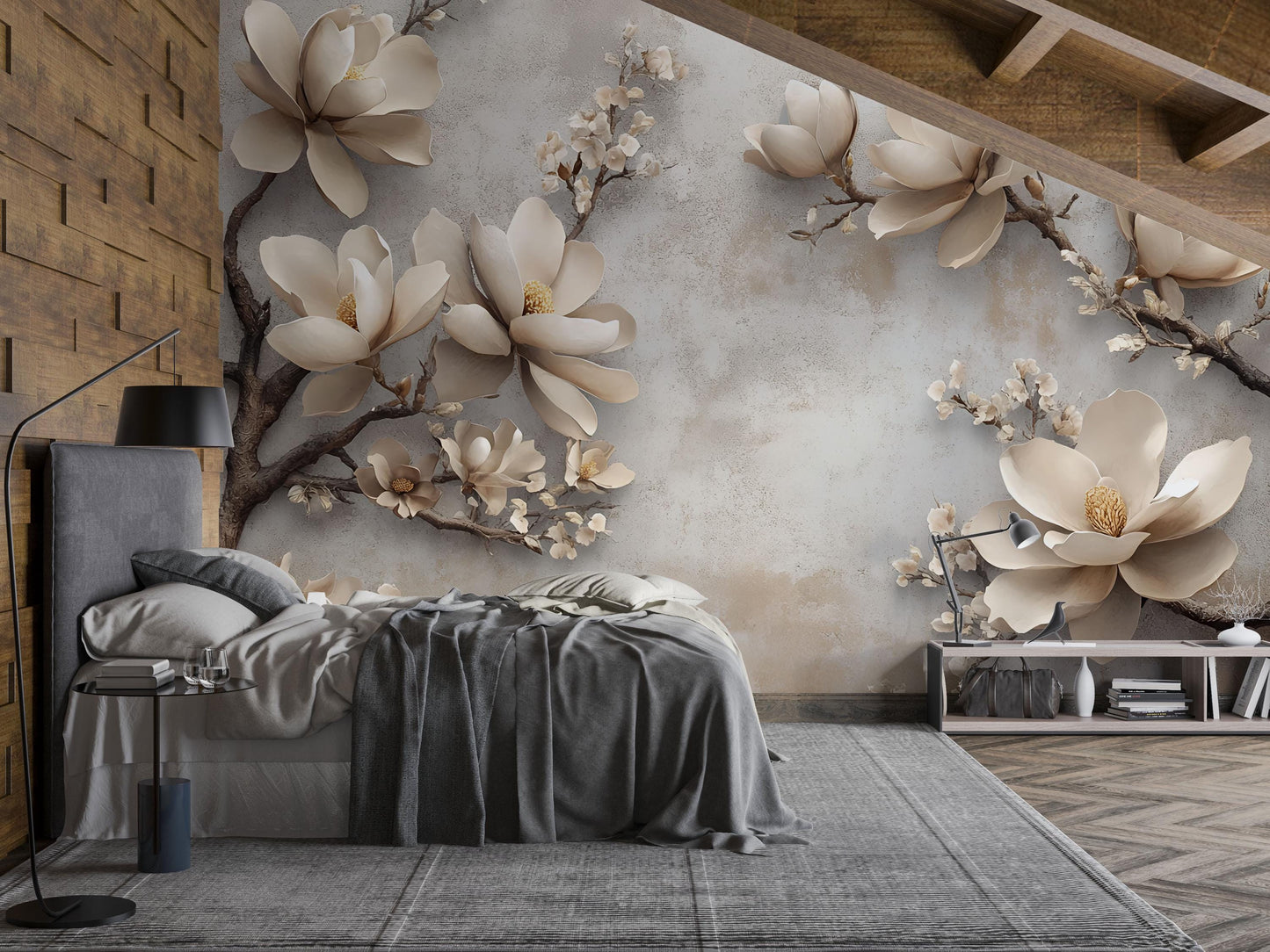 3D Magnolia Flower Wall Mural – Luxury Beige Floral Wallpaper for Bedroom & Living Room Decor Vn754