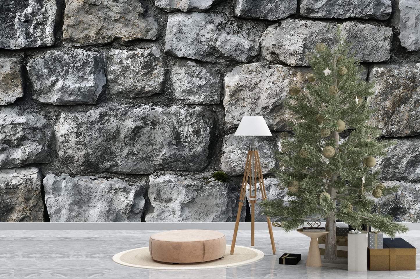 Rustic Stone Wall Mural Wallpaper – Realistic Textured Stone Block Backdrop for Living Room or Office Decor Vn586