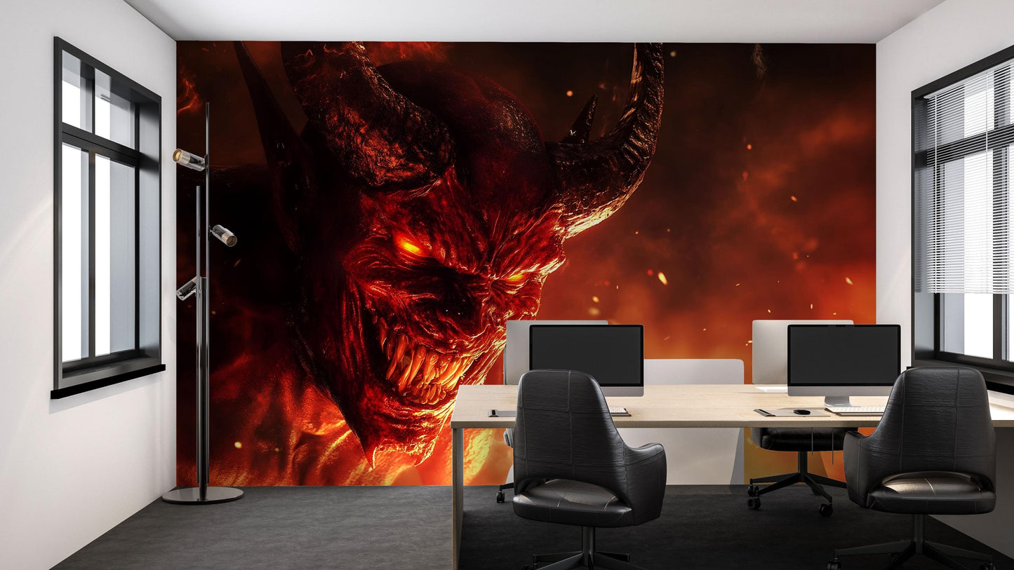 Demon Wall Mural – Fiery Hell Beast Horror Room Decor  Vn810