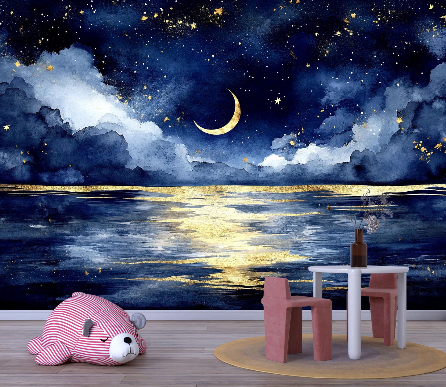 Moonlit Sea Wall Mural – Night Sky Nursery Wallpaper, Dreamy Crescent Moon Accent Wall for Kids Room or Bedroom Vn857