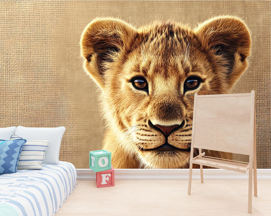 Lion Cub Wall Mural for Kids Room – Safari Animal Nursery Wallpaper – Jungle Theme Baby Room Decor Vn273