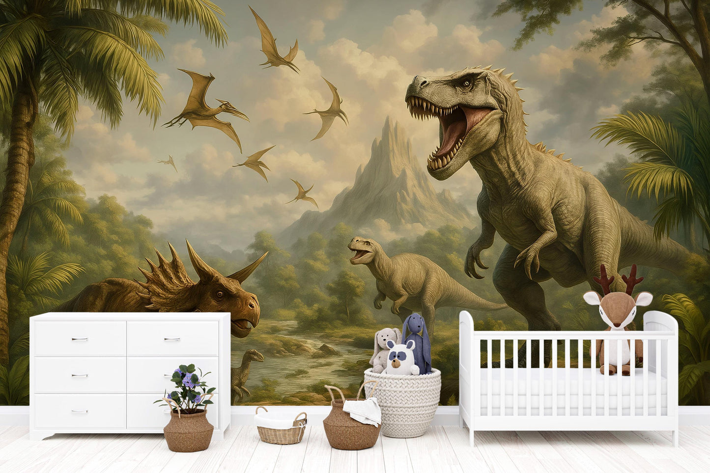 Dinosaur Nursery Wall Mural – T Rex Jungle Wallpaper for Kids Room Vn897