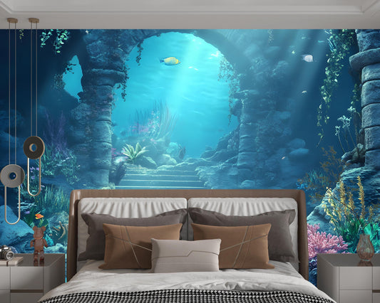 Underwater Ruins Wall Mural – 3D Ocean Bedroom Wallpaper – Deep Sea Fantasy Decor – Aquatic Archway Backdrop Vn094