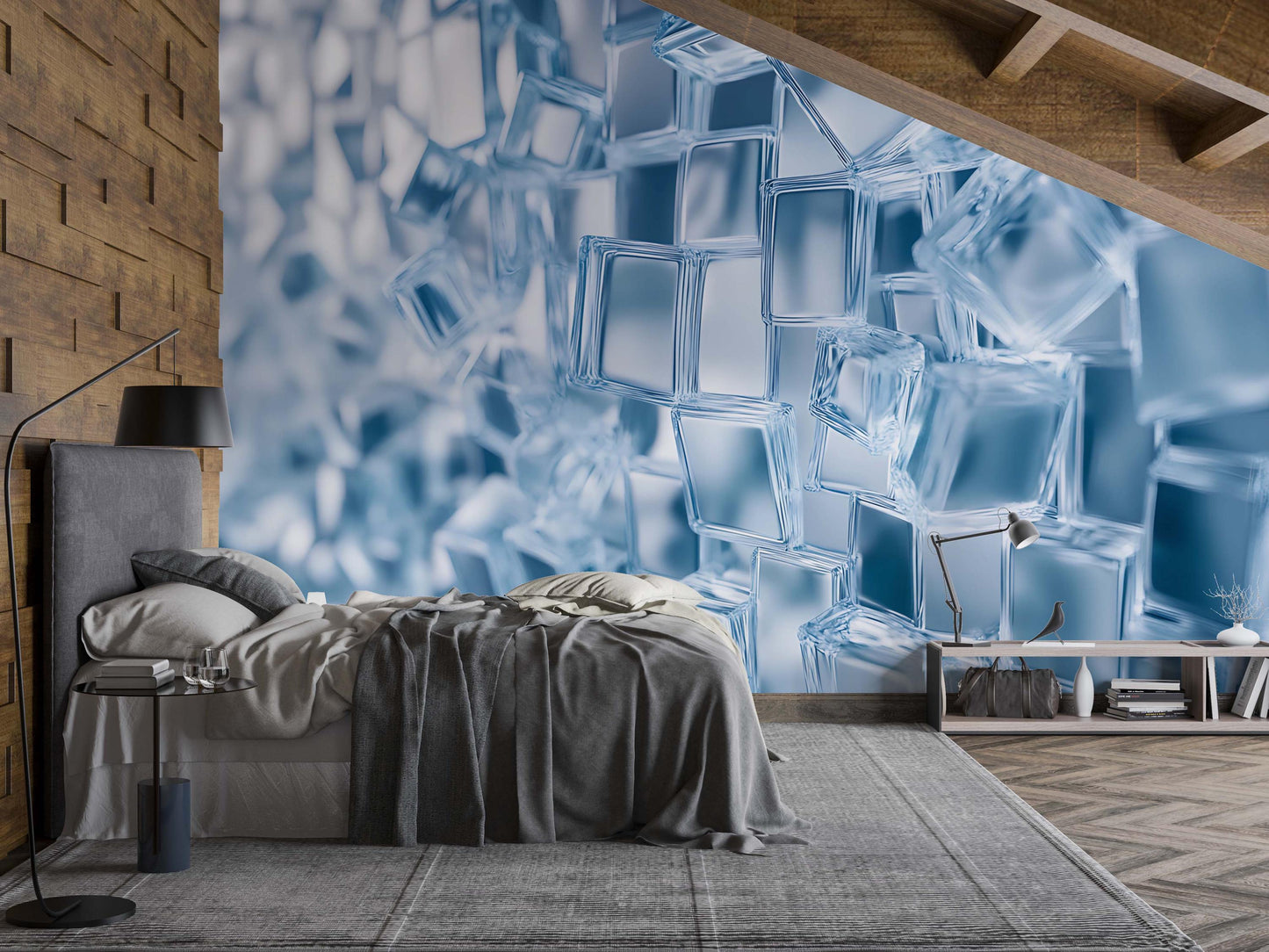 Modern Ice Cube Wall Mural | 3D Abstract Blue Geometric Wallpaper | Large-Scale Bedroom Accent Wall Decor Vn746