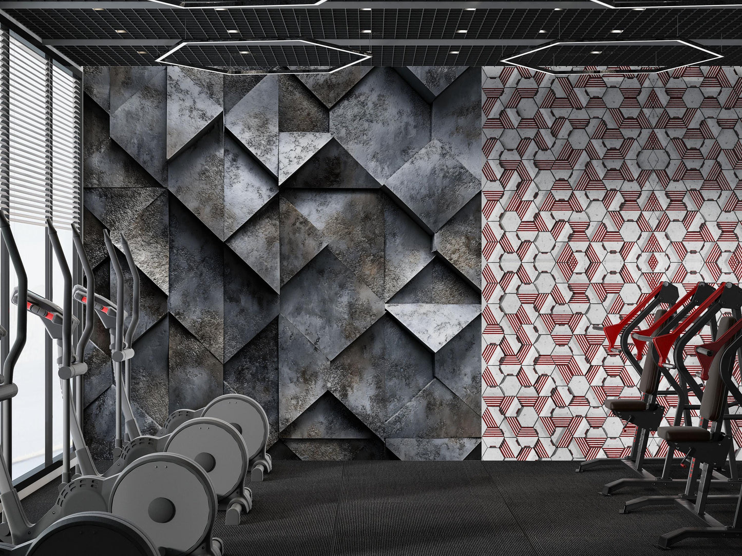 Industrial 3D Geometric Wall Mural – Modern Textured Gym & Fitness Room Wallpaper Vn734