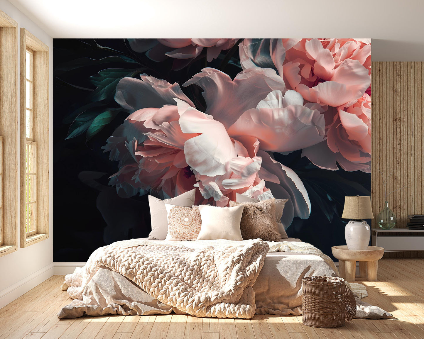 Dark Floral Mural Wallpaper – Large Pink Peony Wall Art for Bedroom Décor Vn1047