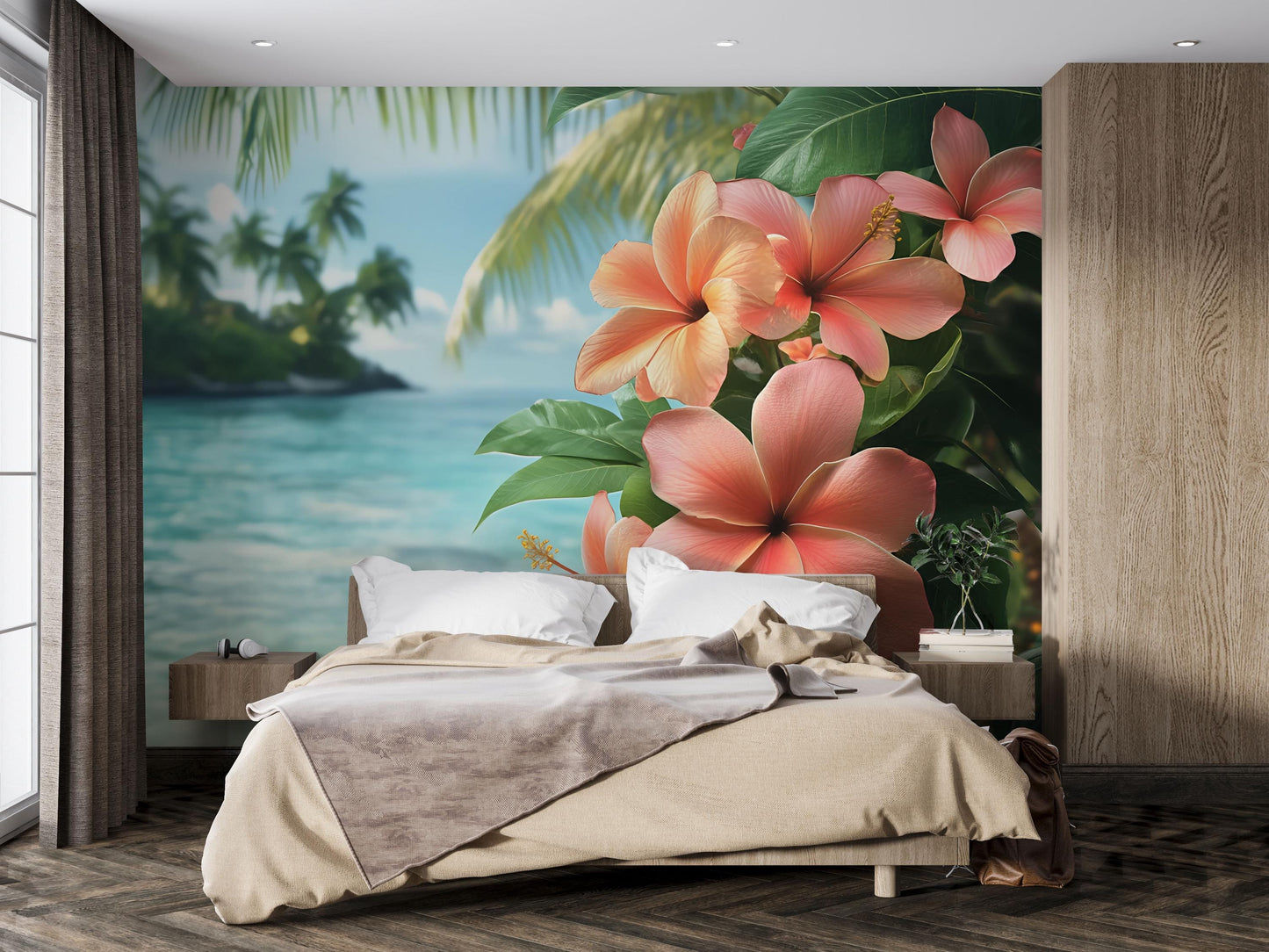 Tropical Beach Hibiscus Flower Wall Mural – Exotic Ocean Paradise Bedroom Wallpaper Vn647