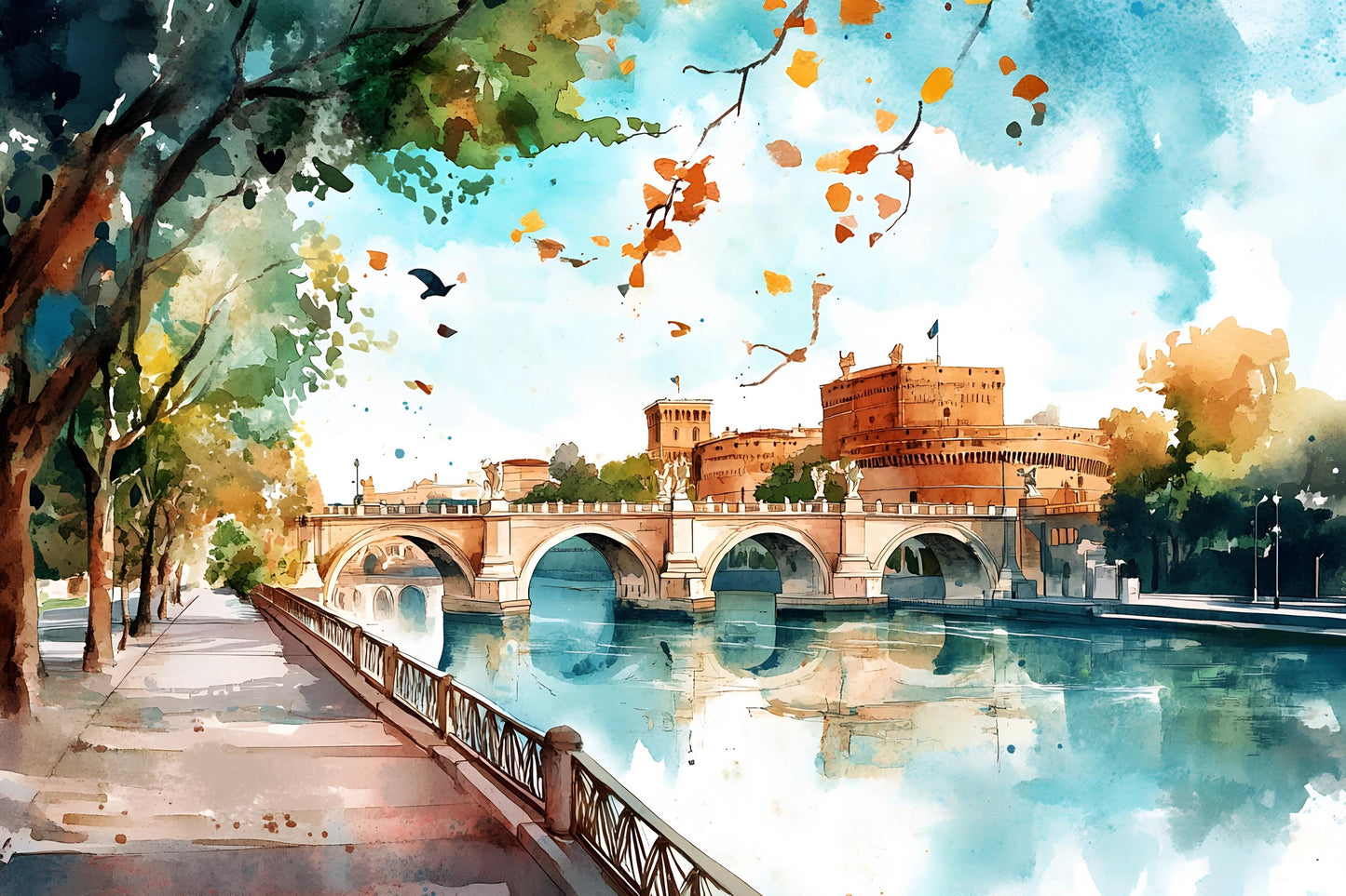 Rome Castel Sant’Angelo Wall Mural – Watercolor Italy Bridge & River Wallpaper Vn923