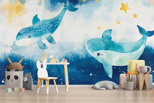 Ocean Whale Nursery Wall Mural – Underwater Sea Theme Baby Room Wallpaper – Cute Blue Whale Wall Art for Kids or Newborn Nursery Vn553