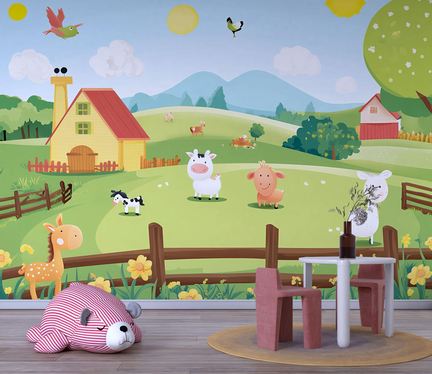 Farm Animal Wall Mural for Kids Room, Cartoon Pasture Wallpaper, Nursery Farm Decor, Cute Barnyard Wall Art Vn626
