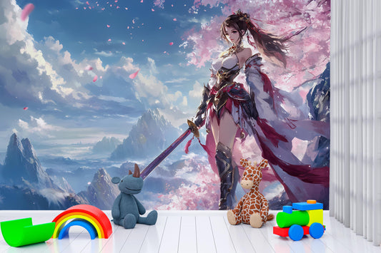 Anime Warrior Princess Wall Mural – Fantasy Cherry Blossom Wallpaper, Girl Samurai Art, Elegant Sword Girl Poster for Kids Vn031