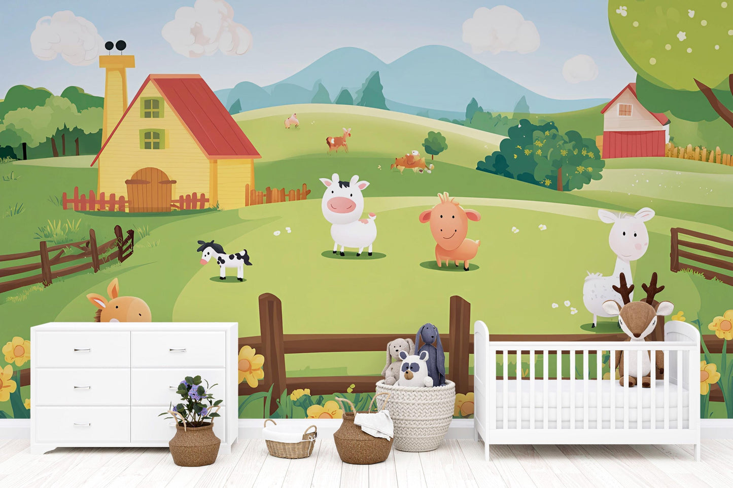 Farm Animal Wall Mural for Kids Room, Cartoon Pasture Wallpaper, Nursery Farm Decor, Cute Barnyard Wall Art Vn626